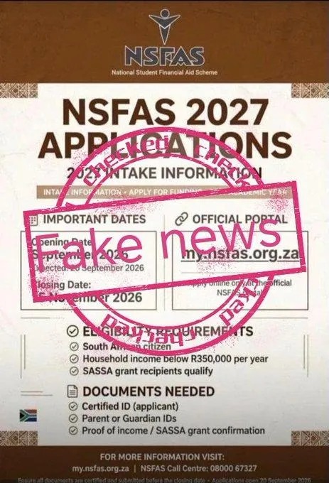 原文配图：有关NSFAS 2027年申请的虚假消息，图中已加注“Fake news”。 / X
