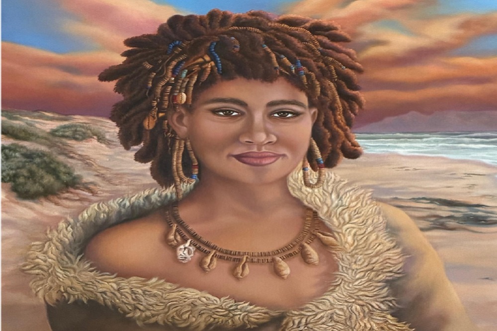 艺术家Lizelle Kruger在开普敦好望堡推出的Krotoa主题画作。 / SABC News