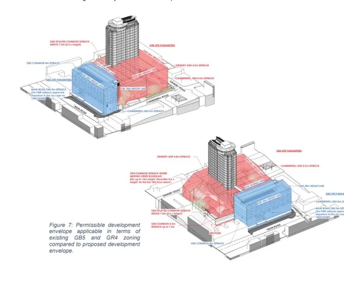 现有分区允许的建筑范围与拟议开发范围示意图。 / 提交开普敦市政府的设计文件 ...