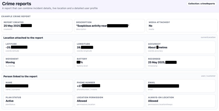 e-Panic Button报案记录的数据结构示例；原报道已遮盖可识别信息。