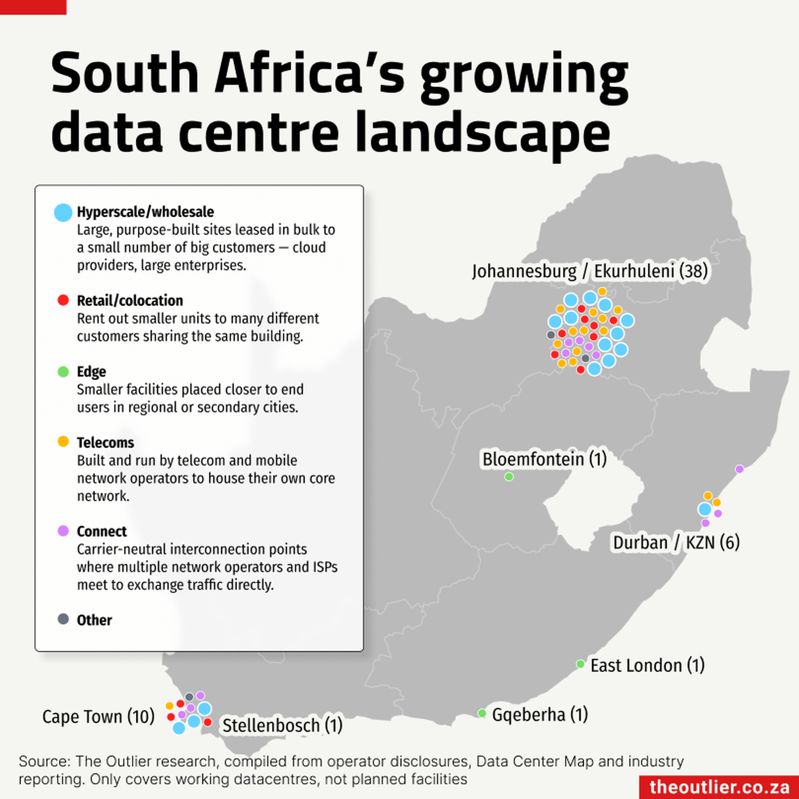 南非数据中心分布示意图。 / The Outlier（据运营商披露、Data Center Map及行业报道整理） ...