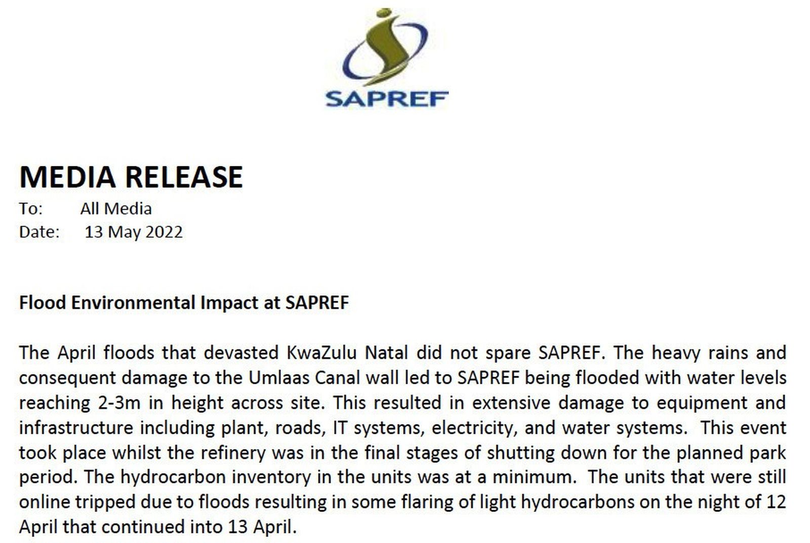 Sapref新闻稿列示2022年洪灾对炼油厂造成的部分损害。 / Sapref