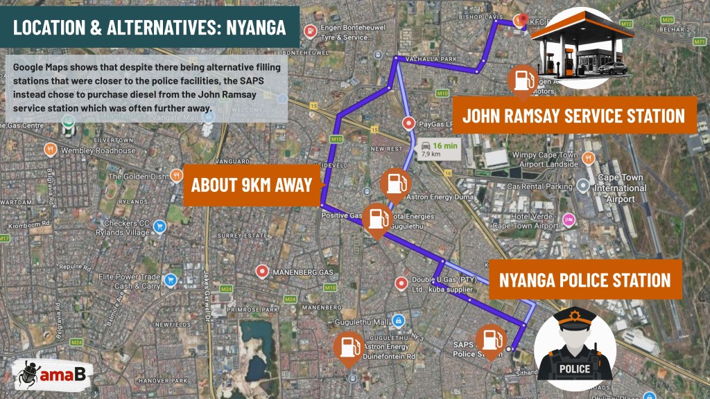 报道以Google Maps展示Nyanga警察局、John Ramsay加油站及其他加油站的位置。 / amaBhungane；底图：Google ...