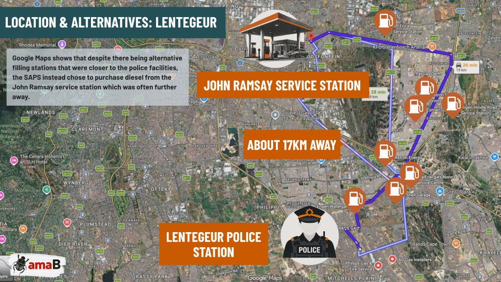 报道以Google Maps展示Lentegeur警察局、John Ramsay加油站及其他加油站的位置。 / amaBhungane；底图：Goo ...