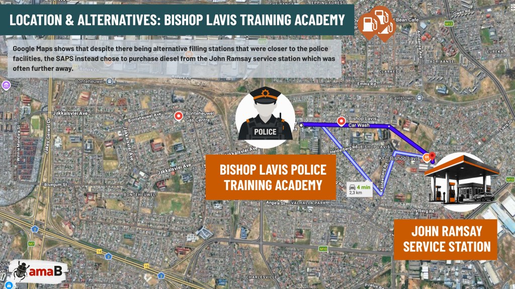 报道以Google Maps展示Bishop Lavis警察训练学院、John Ramsay加油站及其他加油站的位置。 / amaBhungane； ...