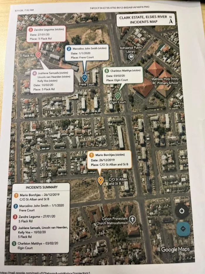 案件地点分布图；原页图注说明Alfonso Hendricks涉及多起谋杀。 / Supplied