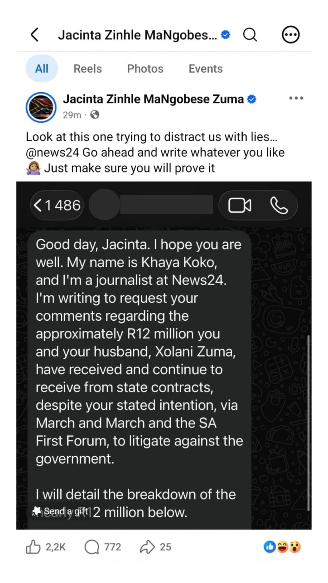 Jacinta Ngobese-Zuma在Facebook发布News24采访提问；原贴曾露出记者个人号码，媒体配图已遮蔽号码。 / 截 ...